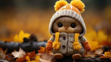 a cute little bird in a knitted hat and scarf sitting on a pile of autumn leaves generative ai photo