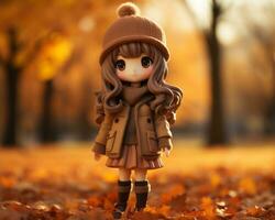 a cute little girl in a coat and boots standing in a field of fallen leaves generative ai photo