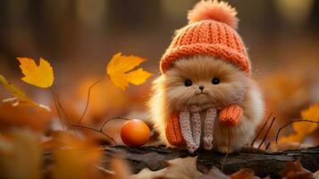 a cute little bunny wearing an orange hat and scarf sitting on the ground in autumn leaves generative ai photo