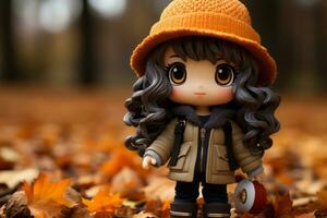 a cute little girl wearing an orange hat standing in a pile of fallen leaves generative ai photo