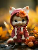 un linda pequeño gatito en un rosado chaqueta en pie en el otoño hojas generativo ai foto