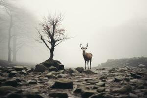 a deer stands alone in a foggy forest generative ai photo