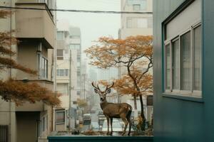 a deer standing on a ledge in front of a building generative ai photo