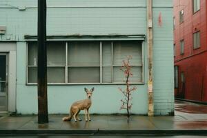 a deer stands in front of a building on a rainy day generative ai photo