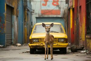un ciervo soportes en frente de un amarillo coche en un callejón generativo ai foto