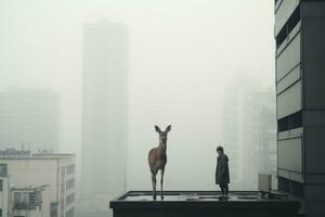 a deer stands on the roof of a building in the city generative ai photo