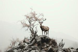 a deer stands on top of a rock in the fog generative ai photo