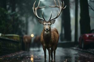 a deer with large antlers standing in the rain generative ai photo