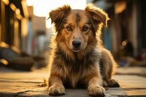 un perro es sentado en el suelo en frente de un edificio generativo ai foto