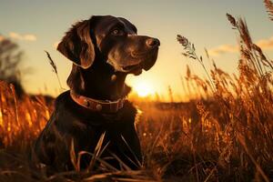 un perro sentado en alto césped a puesta de sol generativo ai foto