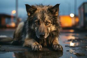 a dog laying on the ground in a puddle generative ai photo