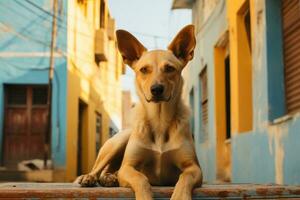 a dog sitting on a bench in front of colorful buildings generative ai photo