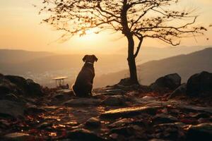 un perro sentado en un rock con vista a un Valle a puesta de sol generativo ai foto