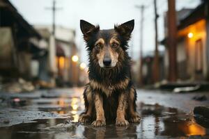 un perro sentado en un mojado calle en un urbano zona generativo ai foto