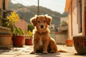 un perro sentado en el suelo en frente de un casa generativo ai foto