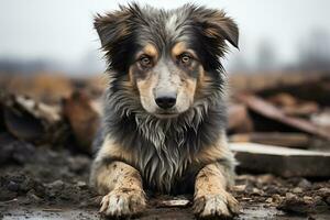 a dog sitting on the ground in front of a pile of debris generative ai photo