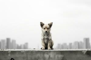 a dog sitting on top of a concrete wall in front of a city skyline generative ai photo