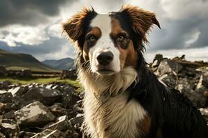 a dog sitting on a rock in front of a cloudy sky generative ai photo