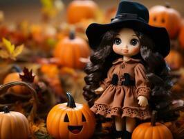 a doll dressed in a witch costume is standing in front of pumpkins generative ai photo