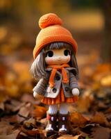 a doll dressed in an orange and brown outfit standing in a pile of fallen leaves generative ai photo