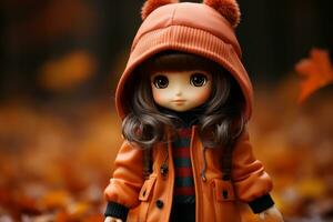 a doll dressed in an orange coat standing in a field of autumn leaves generative ai photo