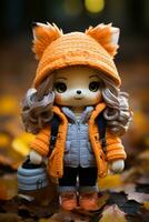 un muñeca vestido en un naranja zorro Saco generativo ai foto