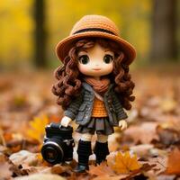 a doll holding a camera in the autumn leaves generative ai photo