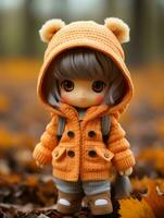 a doll dressed in an orange coat standing in the leaves generative ai photo