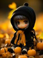 a doll in a black hoodie sitting on the ground surrounded by pumpkins generative ai photo