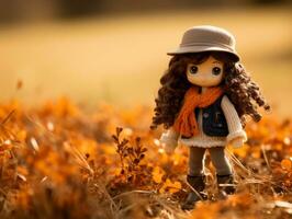a doll is standing in a field of autumn leaves generative ai photo
