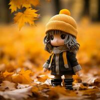 a doll is standing in the middle of a pile of fallen leaves generative ai photo