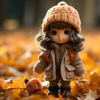 a doll is standing in the leaves with a pumpkin generative ai photo