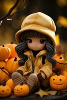 a doll sitting in front of pumpkins generative ai photo