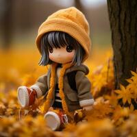 a doll sitting on the ground surrounded by autumn leaves generative ai photo