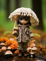 a doll standing in the woods holding an umbrella generative ai photo