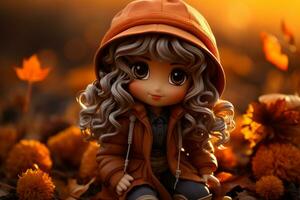 a doll sitting on the ground with autumn leaves in the background generative ai photo