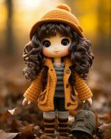 a doll wearing a brown coat and hat stands in the leaves generative ai photo