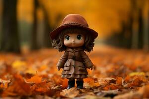 a doll wearing a brown coat and hat stands in the middle of an autumn forest generative ai photo