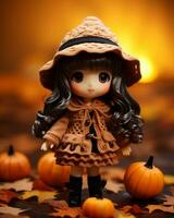 a doll wearing a hat and dress standing in front of pumpkins generative ai photo