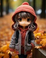 a doll wearing a jacket and hat in autumn leaves generative ai photo