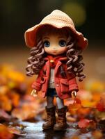 a doll wearing a red coat and boots standing on a leaf covered ground generative ai photo