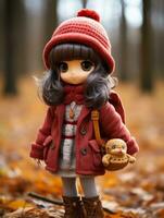 a doll wearing a red coat and hat is standing in the middle of a forest generative ai photo