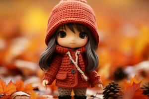 a doll wearing a red coat and boots standing in a field of autumn leaves generative ai photo