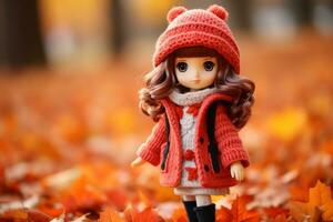 a doll wearing a red coat and hat stands in a field of fall leaves generative ai photo