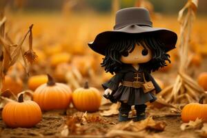 a doll wearing a witch hat stands in a field of pumpkins generative ai photo