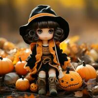 a doll wearing a witch hat and holding pumpkins generative ai photo