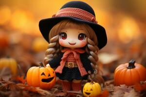 a doll wearing a witch hat and holding pumpkins generative ai photo