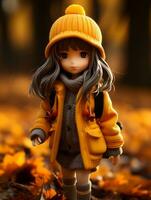 a doll wearing a yellow coat and hat stands in the autumn leaves generative ai photo