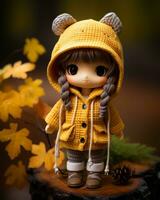 a doll wearing a yellow coat and boots standing on a log generative ai photo