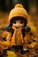 a doll wearing a yellow coat and hat stands in a pile of fallen leaves generative ai photo